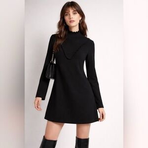 Zara Black Ruffle Trim Mock Neck Mini Dress Long Sleeve | M